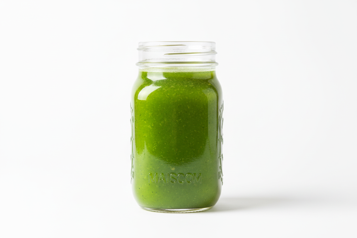 can you create a picture for my website. Im advertising a green juice in a mason jar with a white background