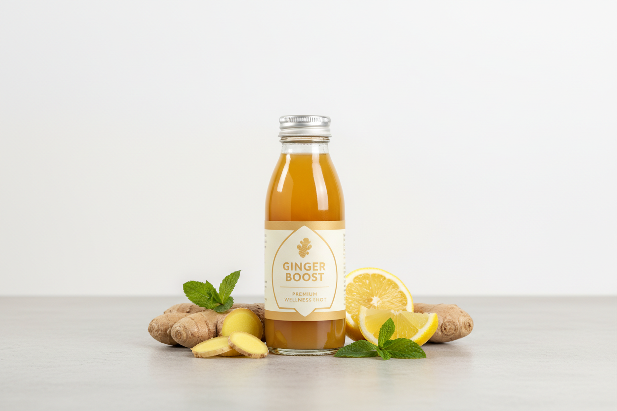 ginger shot in a small glass bottle